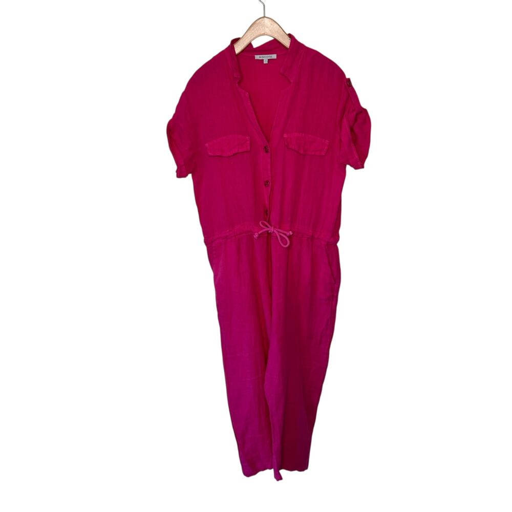 BISCOTE 100% Linen Tie Waist Short Sleeve One Piece Jumpsuit Size M/L